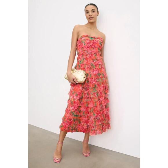 Ieena for Mac Duggal Strapless Floral Micro Ruffle Midi Dress Size 12 Rt $458 - Picture 1 of 11